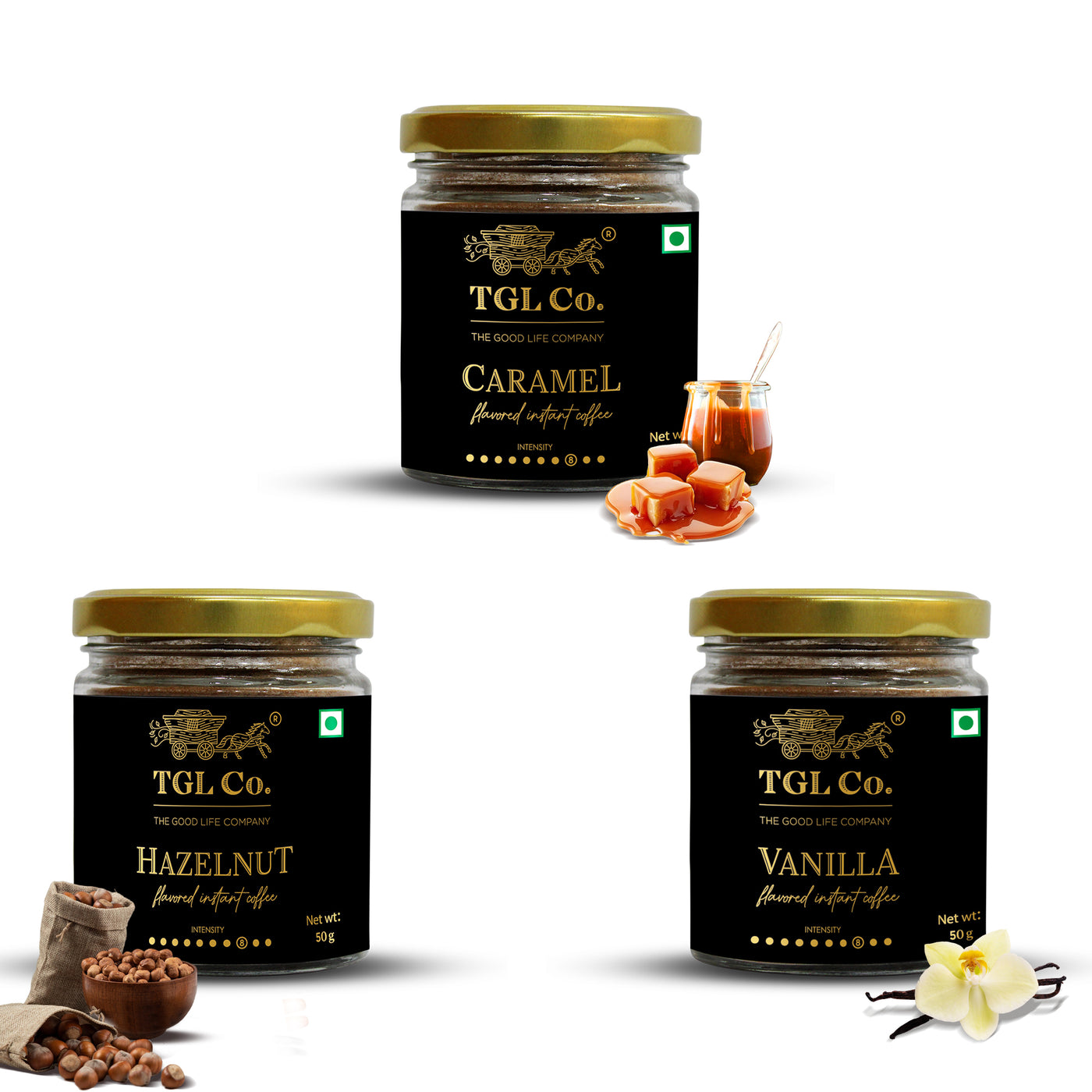 Flavoured Instant Coffee Combo (Pack of 3) - Hazelnut, Vanilla & Caramel